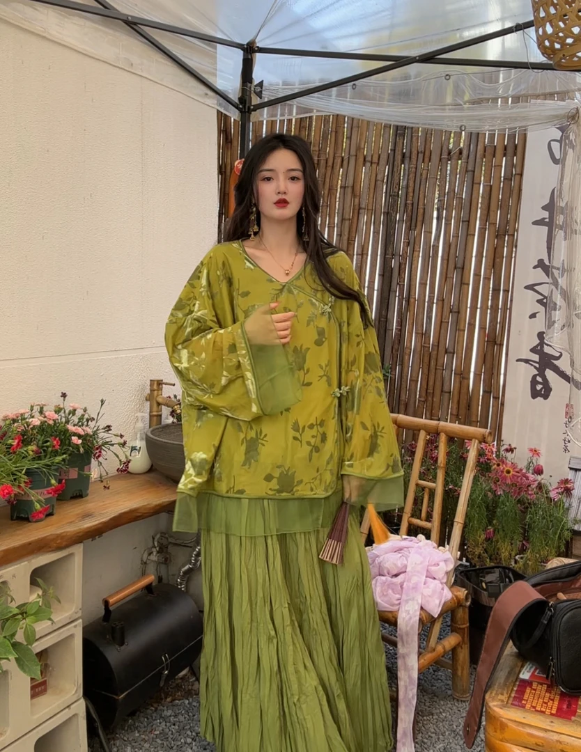 月畔湾【玉金钗】新中式春夏季复古国风斜襟花边衬衫显瘦气质上衣