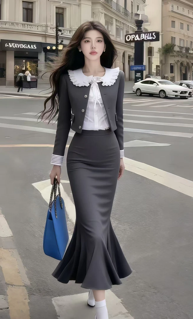 秋季新款时尚白色内搭衬衫+设计感长袖外套+包臀长裙深灰色三件套