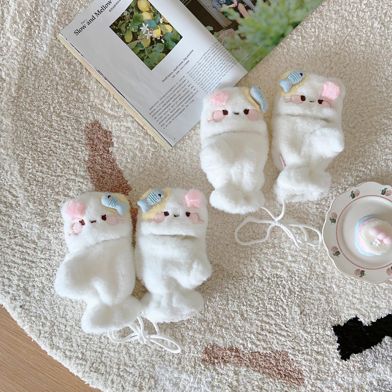 mikko联名可爱卡通猫咪毛绒手套女冬季翻盖半指触屏加厚骑行保暖
