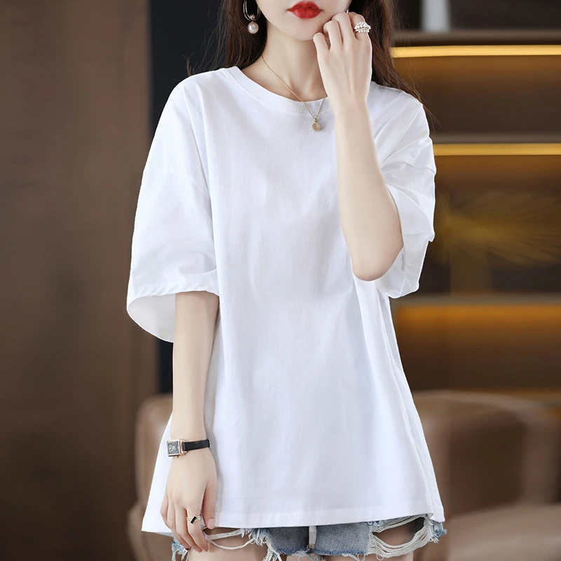 纯色短袖t恤女2025夏季薄款圆领体恤宽松显瘦中长款半袖上衣ins潮