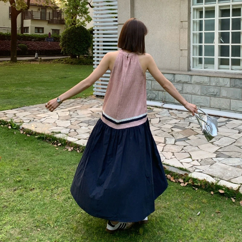 夏韩版宽松显瘦撞色拼接挂脖无袖连衣裙女G6120