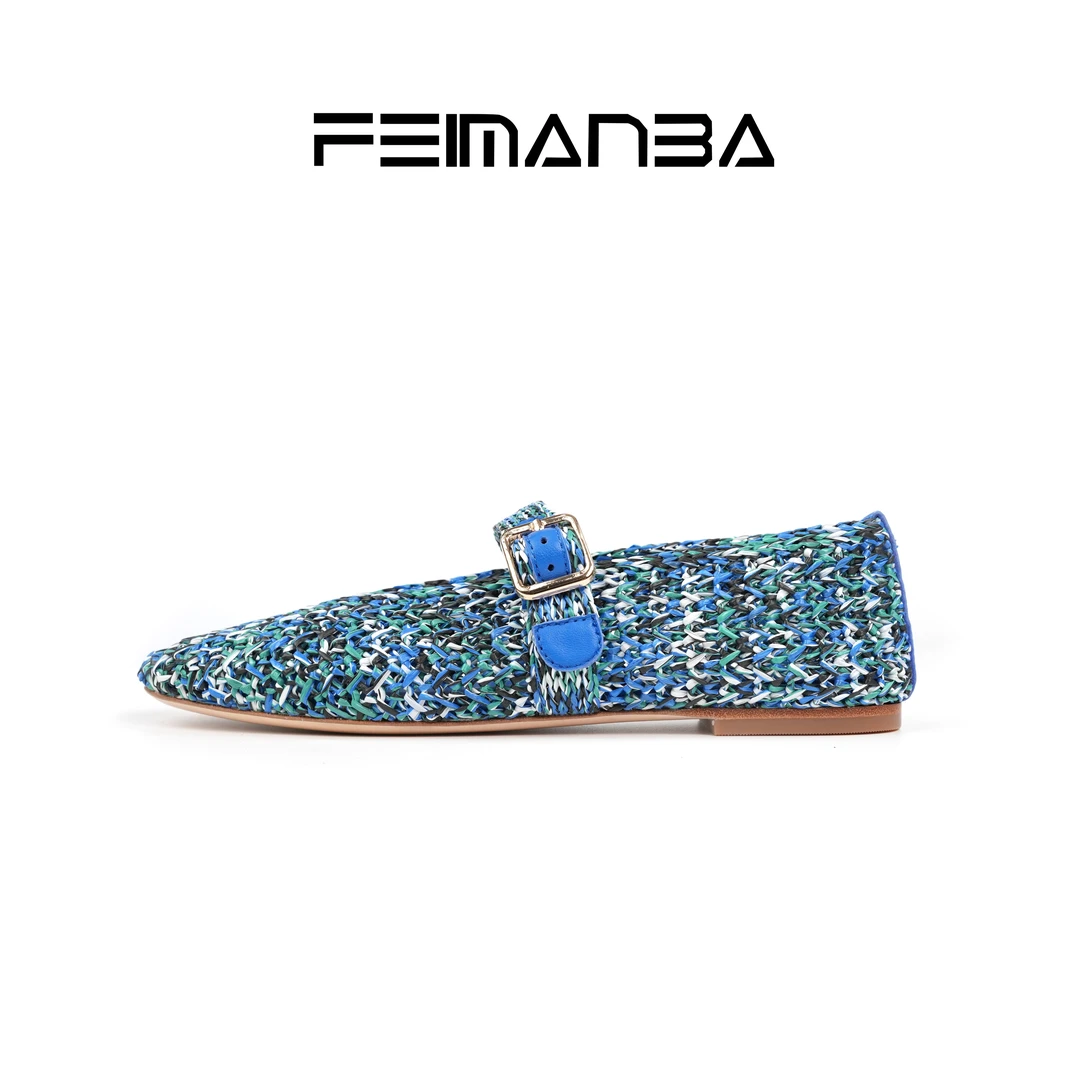 FEIMANBA 草编玛丽珍度假风女士单鞋