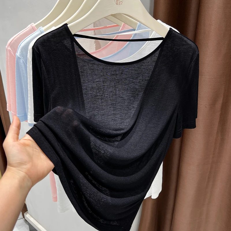 黑色短袖圆领t恤女2025夏季新款防晒罩衫薄款宽松百搭露背上衣ins