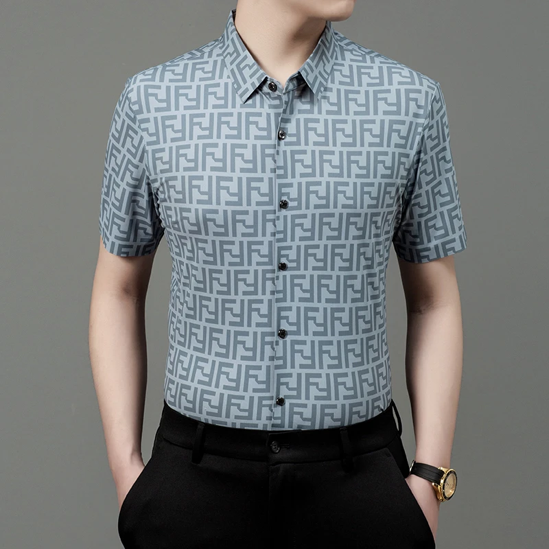 卡尔皮诺5219夏季冰丝男士短袖印花薄款衬衫中年高档休闲时尚衬衣