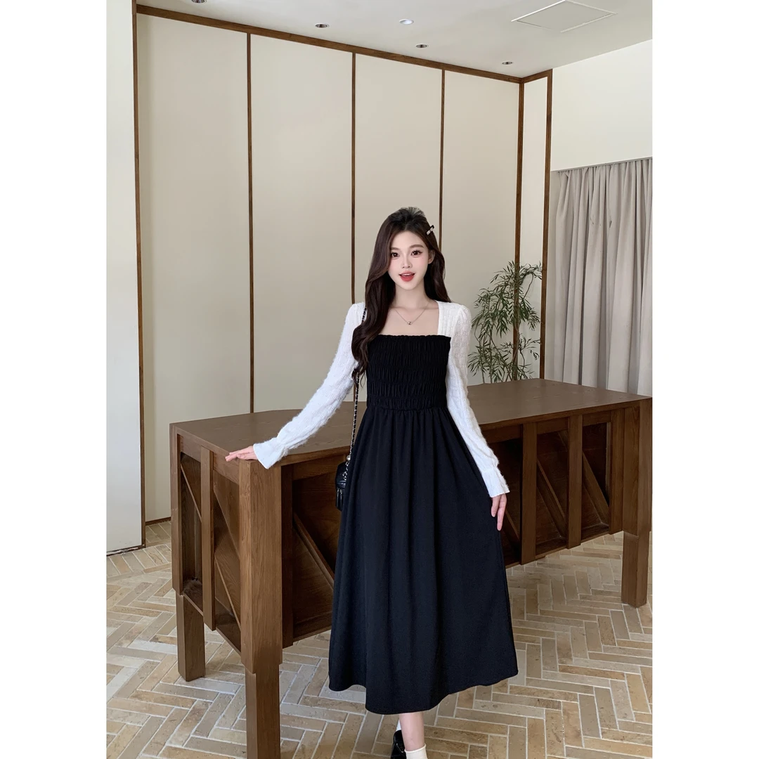 【涵胖胖】清2025秋大码女方领连衣裙赫本风假两件收腰小黑裙80443