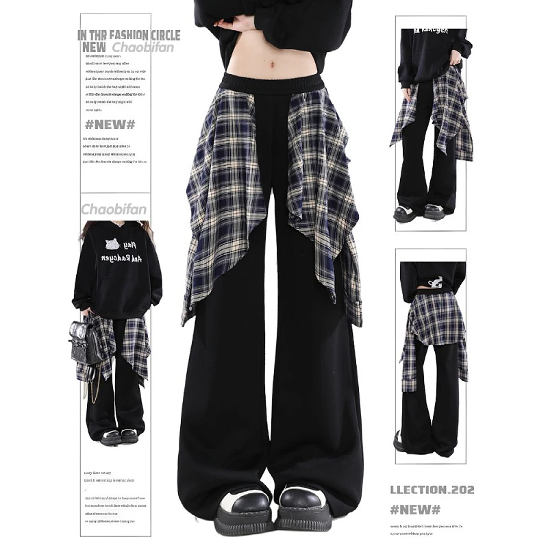 潮碧梵300斤大码女装拼接裙摆运动裤女胖mm新款阔腿宽松休闲裤