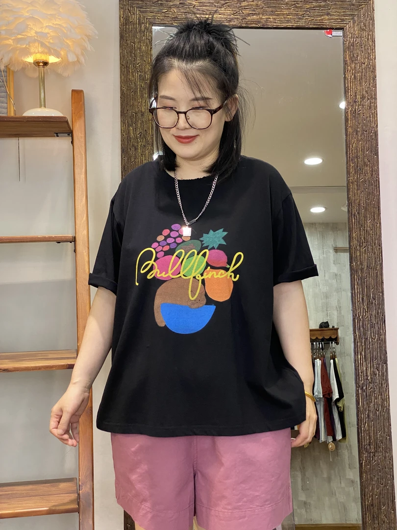 T恤-10711大码女装夏季棉质胖MM宽松破洞文艺休闲百搭简约印花