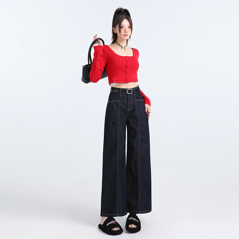 时尚百搭复古宽松阔腿直筒显瘦牛仔裤女夏季薄款中腰微弹力水洗九