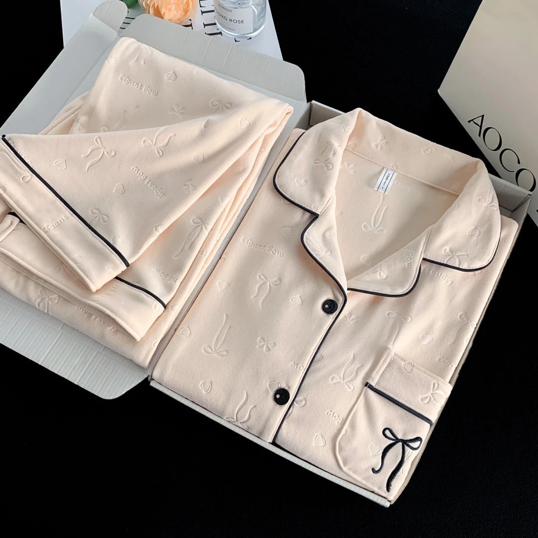 [德绒]睡衣女秋冬新款飘带蝴蝶结压花保暖家居服套装可外穿