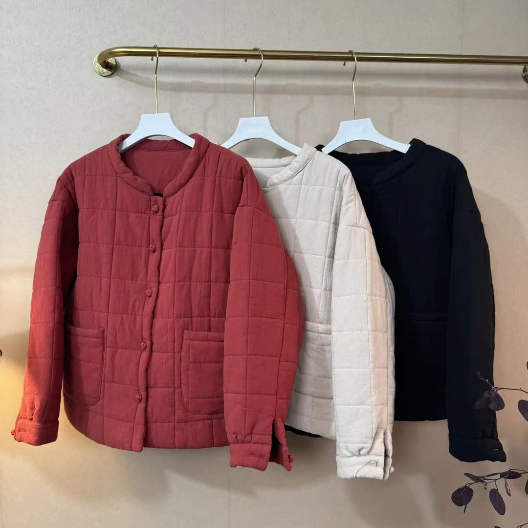 475-棉服女2025年新款冬季夹棉菱格外套短棉袄中式小立领盘扣棉衣