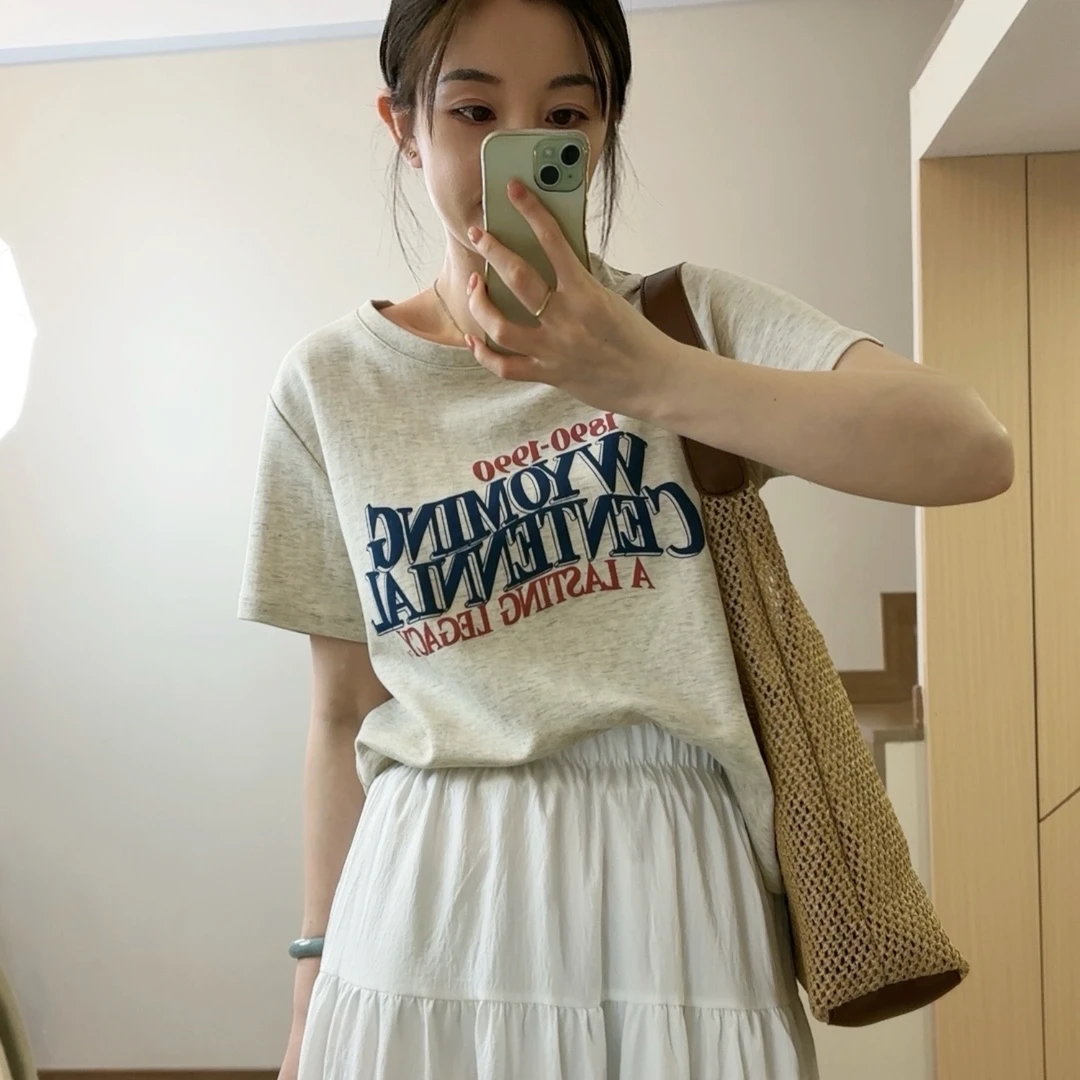 女款休闲百搭宽松圆领印花短袖T恤E192