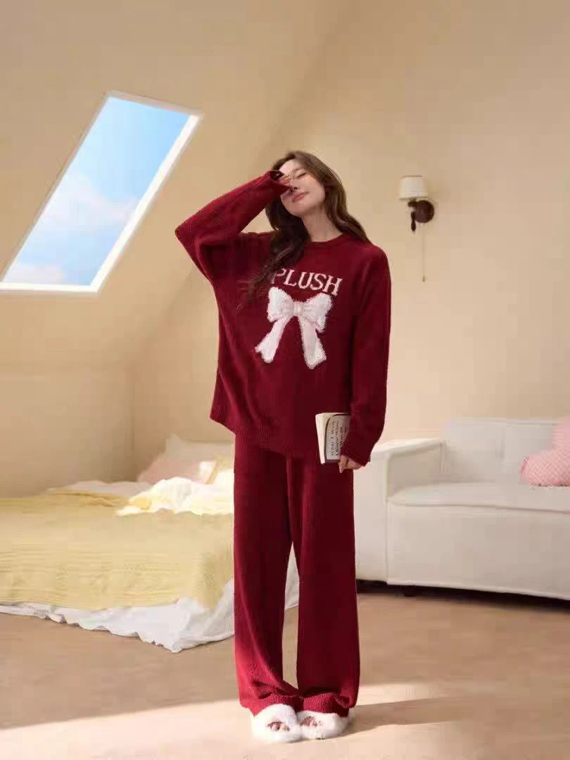 Zai Living/也宅【红色蝴蝶结】 冬款高密针织半边绒家居服睡衣套装