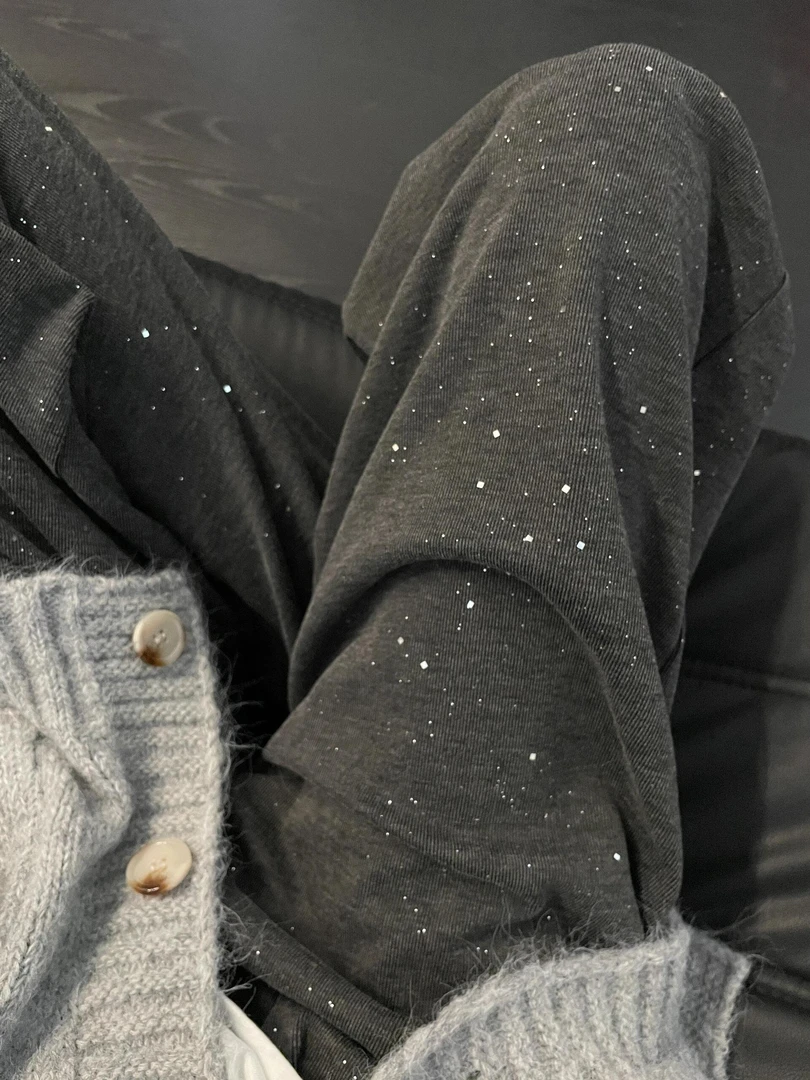 深灰色慵懒风直筒糯米裤子女秋季新款高腰松紧宽松显瘦百搭阔腿裤