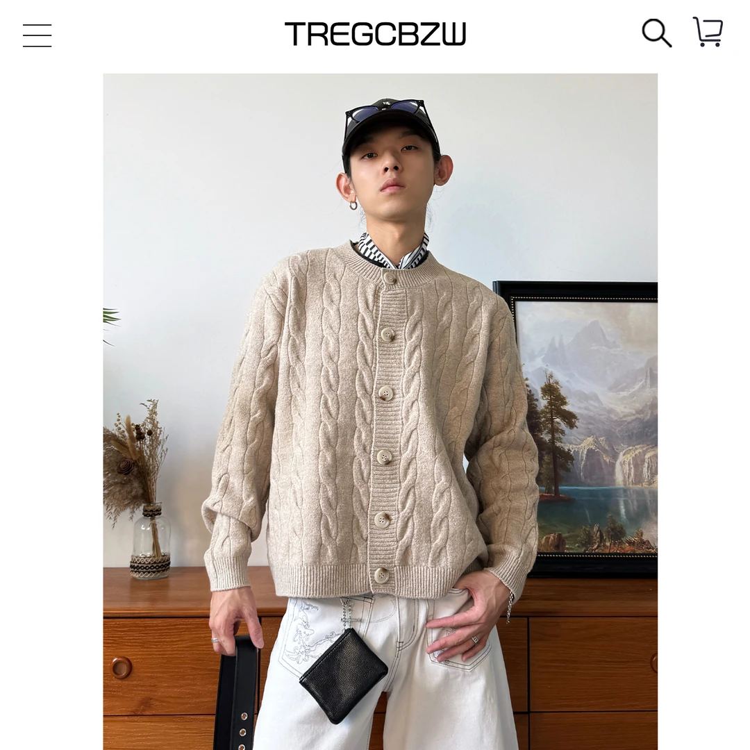 CBZW亲肤柔软麻花纹开衫毛衣男复古cleanfit老钱风慵懒针织衫上衣