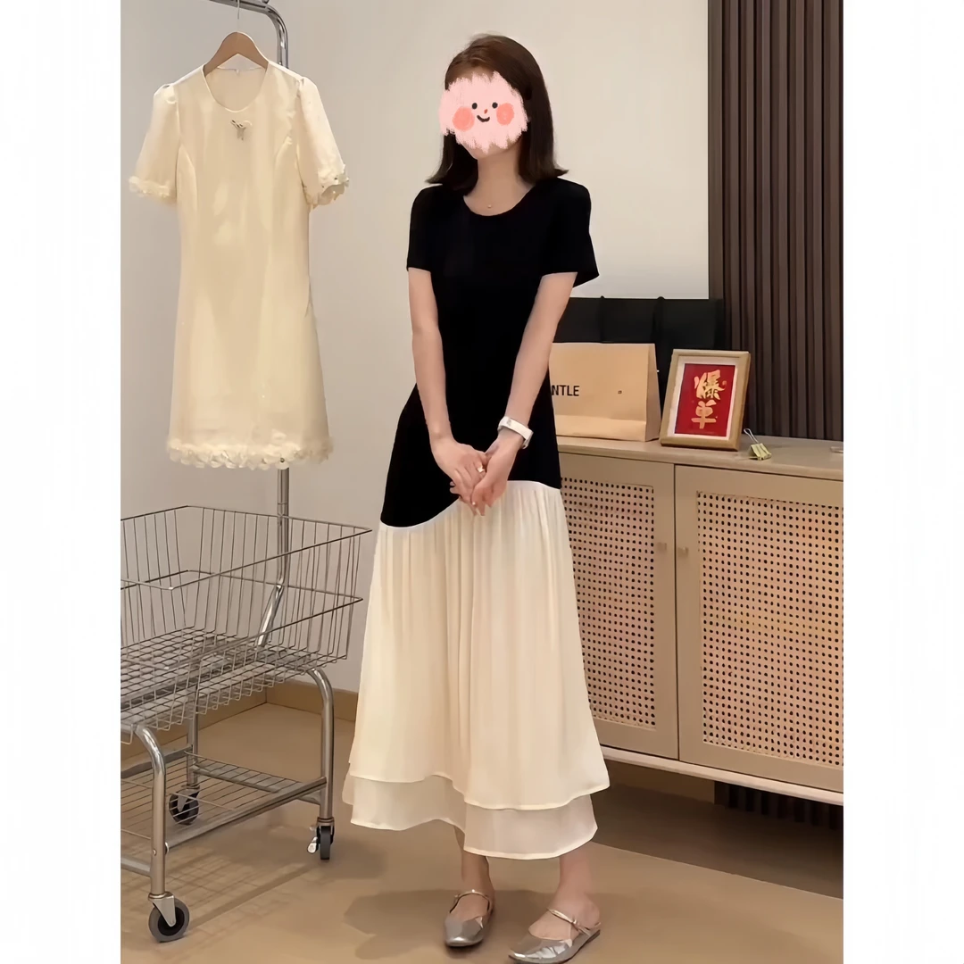 韩系气质撞色拼接连衣裙女2025夏季新款时尚宽松休闲假两件中长裙