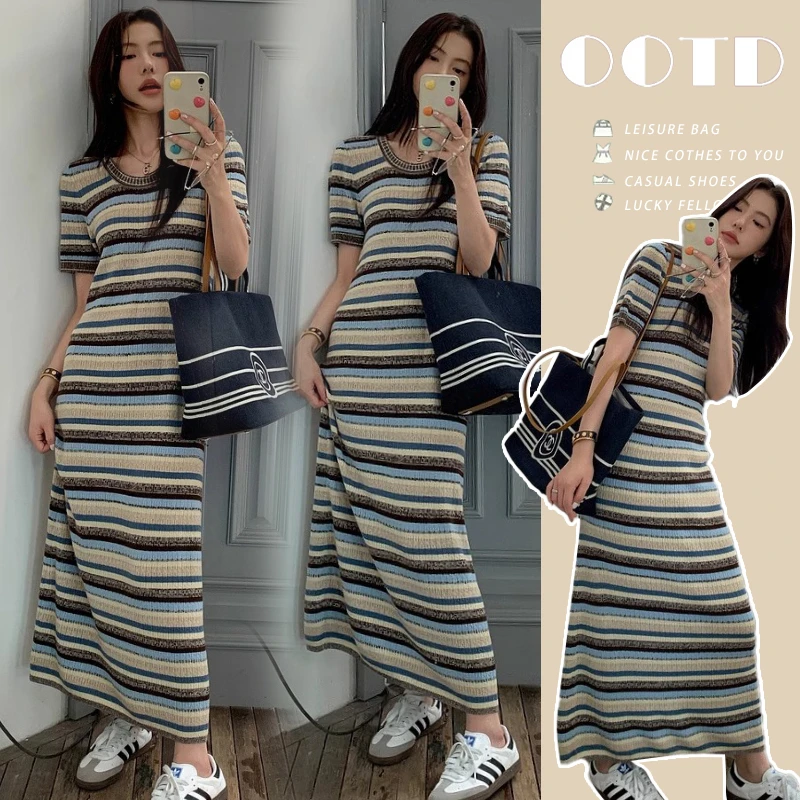 2025孕妇连衣裙夏季薄款针织裙怀孕期条纹外穿衣服夏季孕妇装