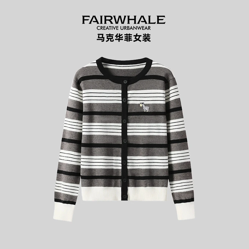 马克华菲QQ女装长袖短款刺绣条纹格纹针织衫韩版女装F53004A534