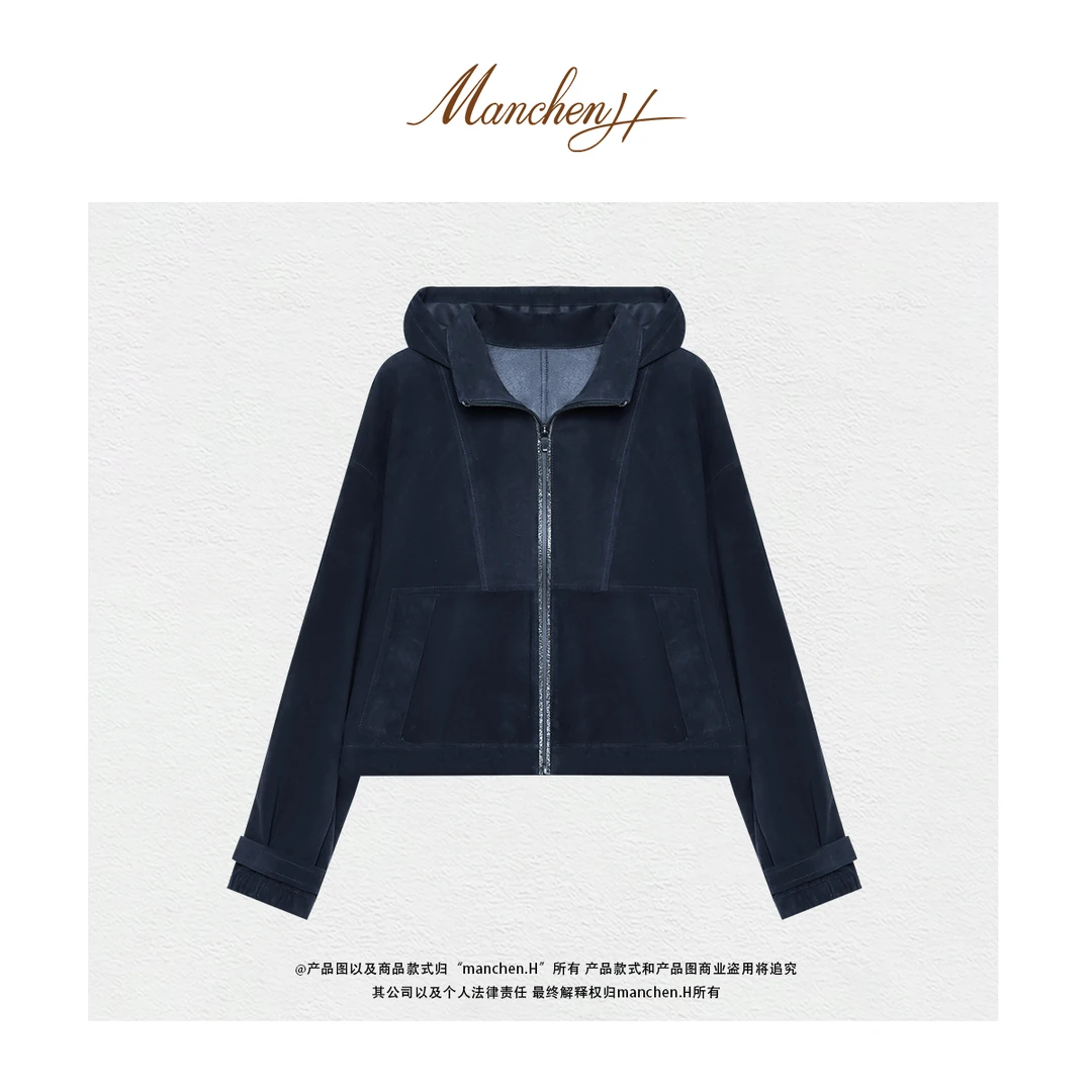 Manchenh"暮影星蓝"BC御用苏丹进口混种绒面小羊皮手工连帽外套