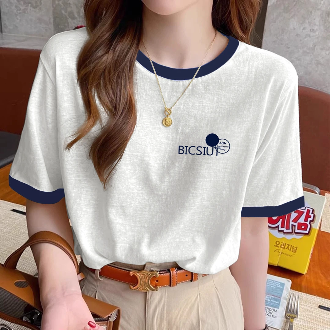 2025夏季新款雪花棉撞色百搭拼接短袖圆领t恤女简约印花白色上衣
