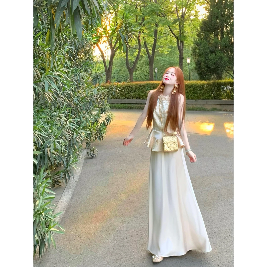 新中式国风套装贵气千金感提花无袖背心上衣缎面半身裙2025两件套