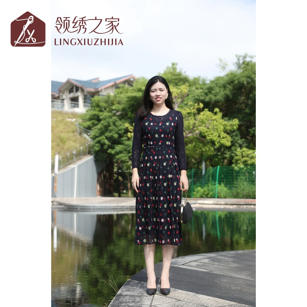 领绣之家提花蕾丝定位绣花连衣裙精致女装#L800910H优雅时尚气质