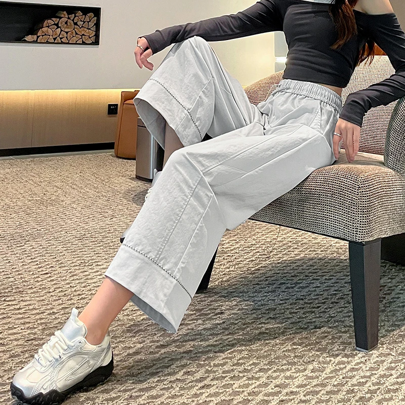 白色阔腿裤女春秋2025新款高腰显瘦小个子九分翻边百搭休闲直筒裤