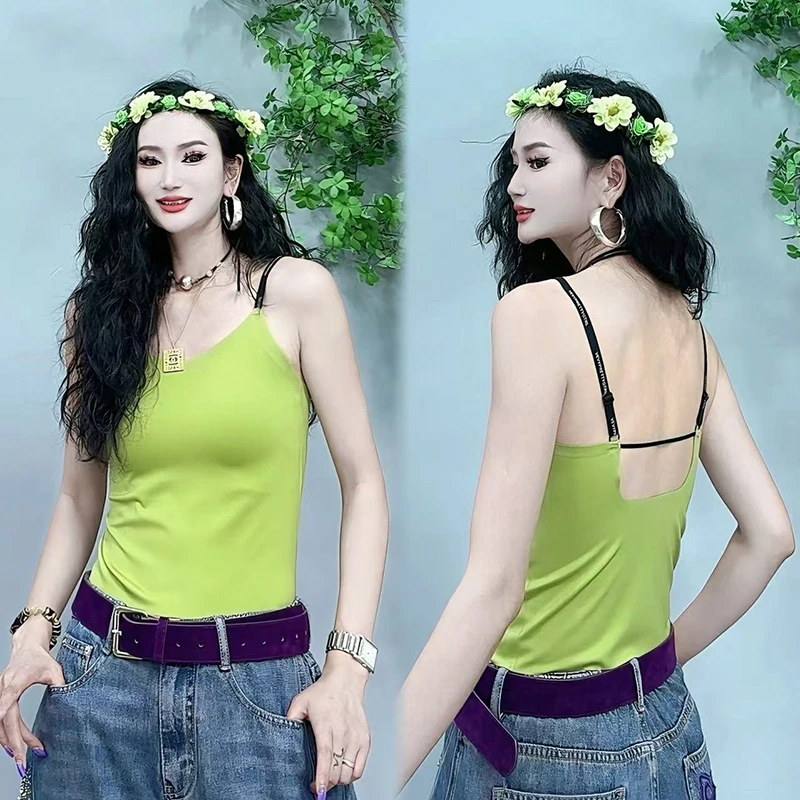 新品爆款冰丝吊带打底带胸垫无钢圈固定杯内搭外穿美背-6028