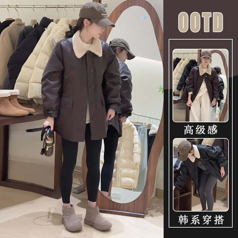 韩版复古羊羔绒翻领夹克单排扣工装PU皮衣宽松中长款加厚棉外套女