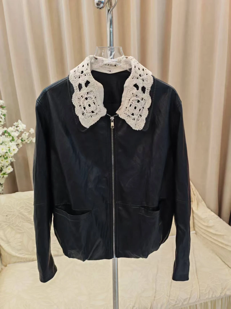 宽松型短款街头风翻领常规皮衣百搭时尚休闲拼接秋季216