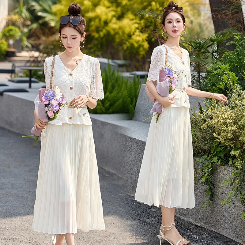 法式小香风蕾丝拼接连衣裙女2025夏季新款时尚轻熟风假两件百褶裙