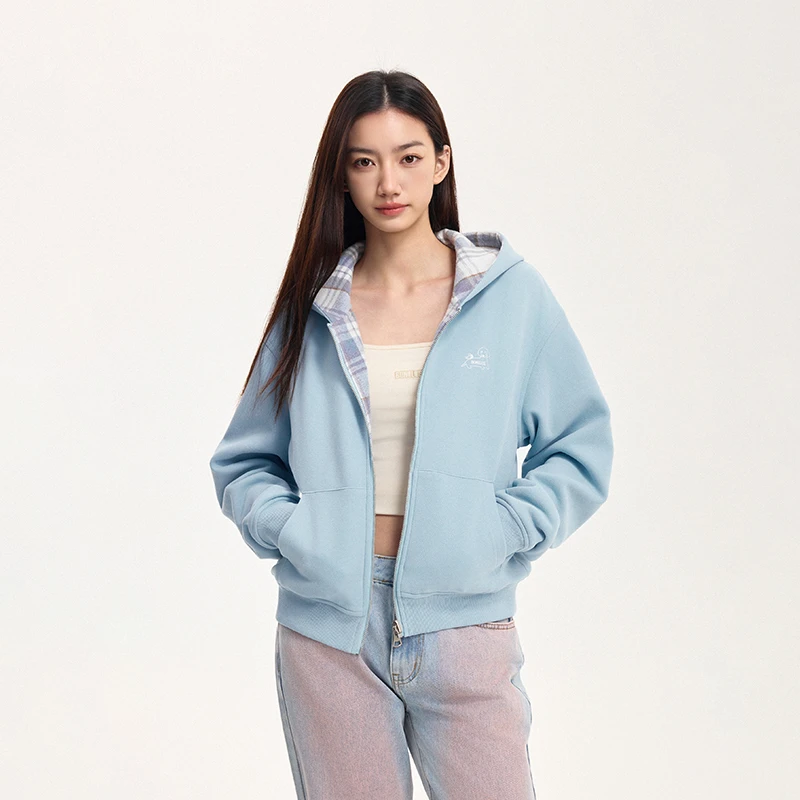 BONELESS春季2025新款双面穿小狗印花短款连帽卫衣外套女士开衫