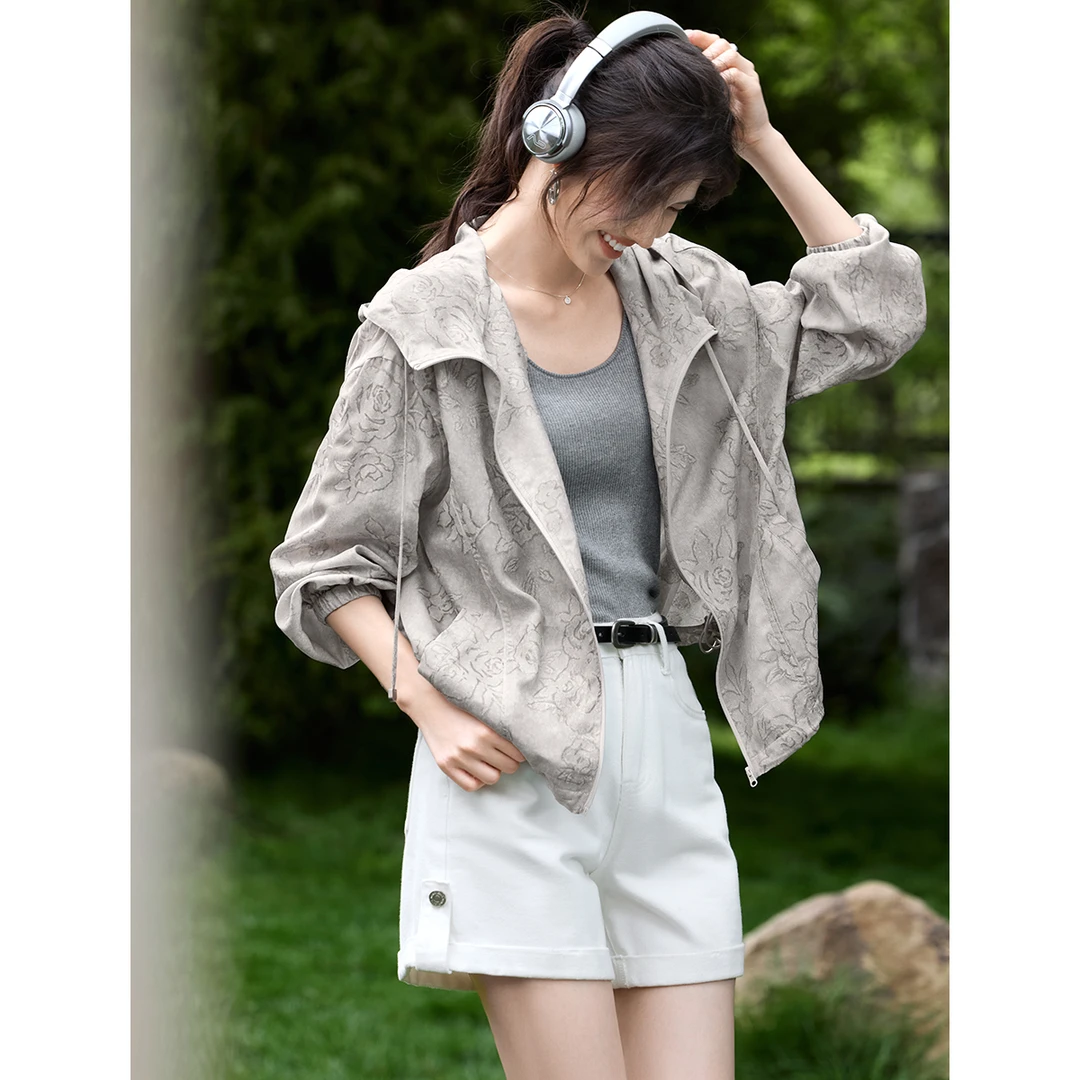 XWI/欣未【夏日花影】宽松轻薄防晒外套25夏气质烧花连帽上衣06803