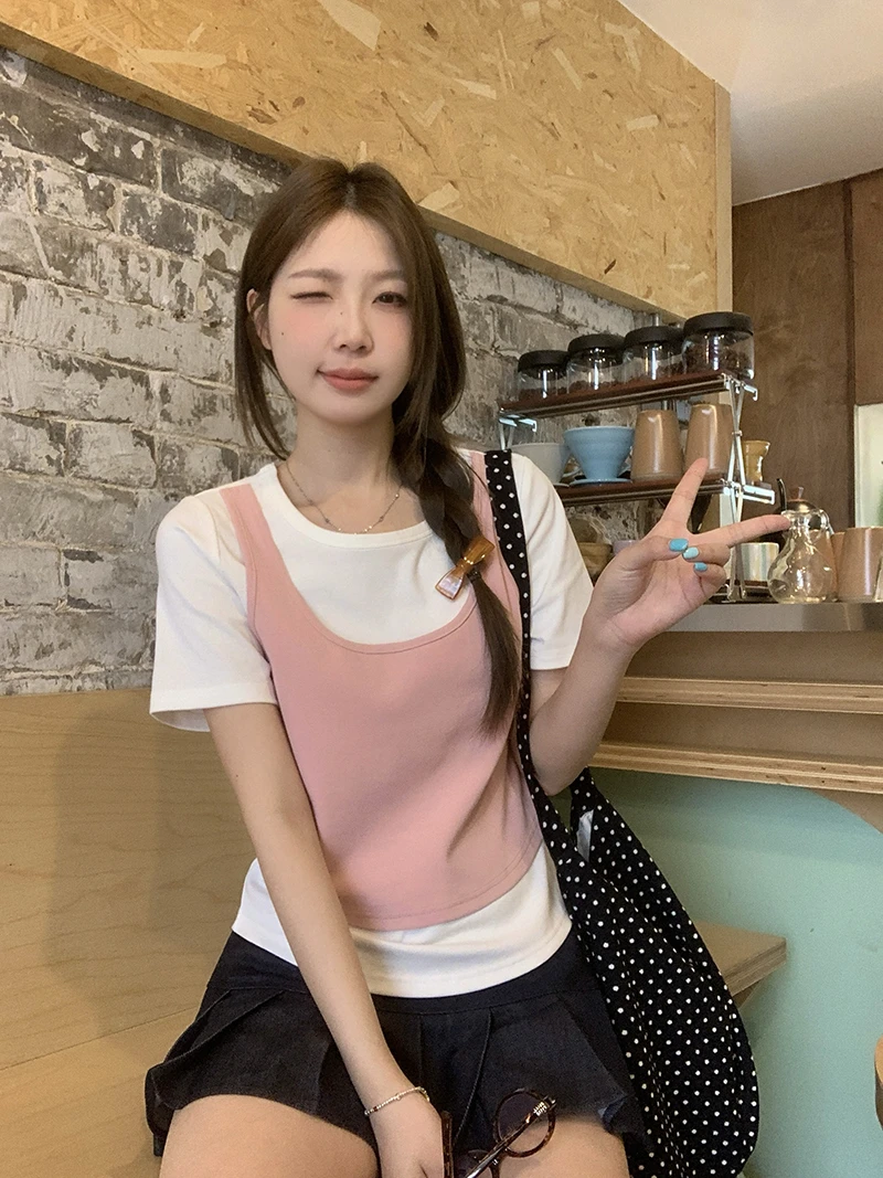 2025夏装新款胖mm大码女甜美减龄吊带背心假两件短袖T恤