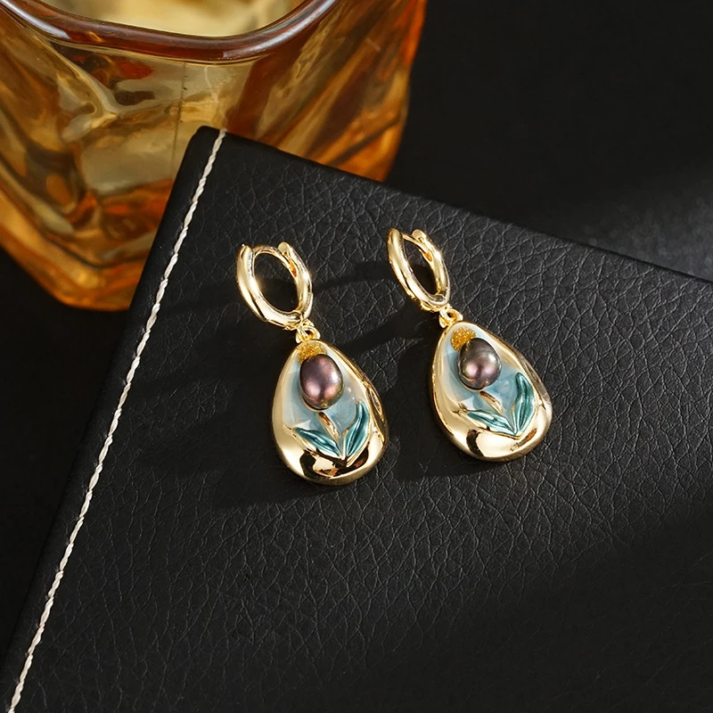2887#复古珐琅油画天然花朵耳环宫廷风高级感