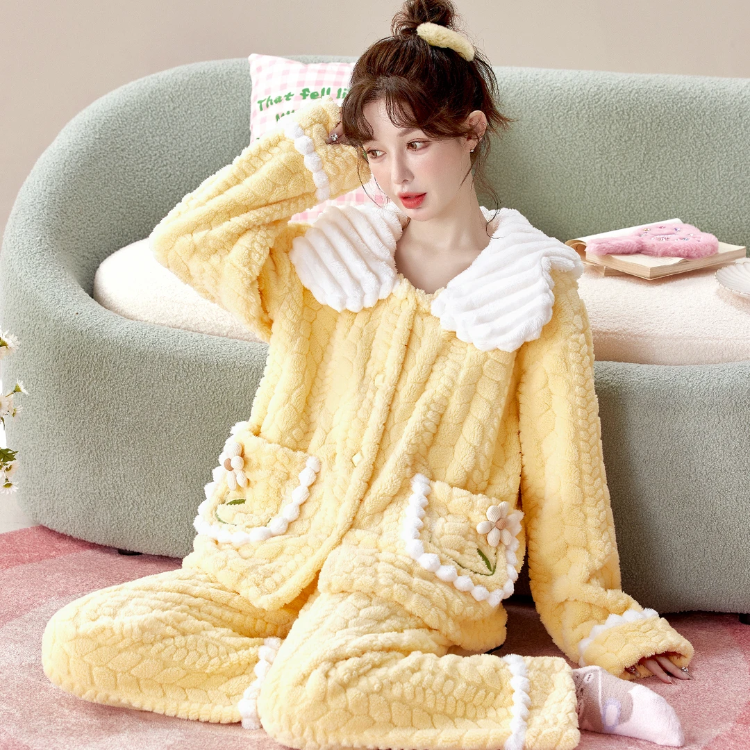 【3D立体小白花】甜美可爱学生毛绒套装女秋冬可外穿法兰绒家居服