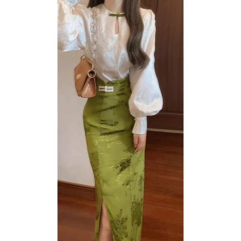 新中式国风复古改良盘扣衬衫旗袍女长袖提花上衣半身裙两件套A679