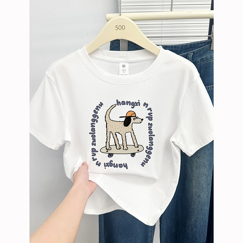 正肩圆领短袖T恤女夏季2025新款小狗印花时尚休闲半袖体恤上衣潮