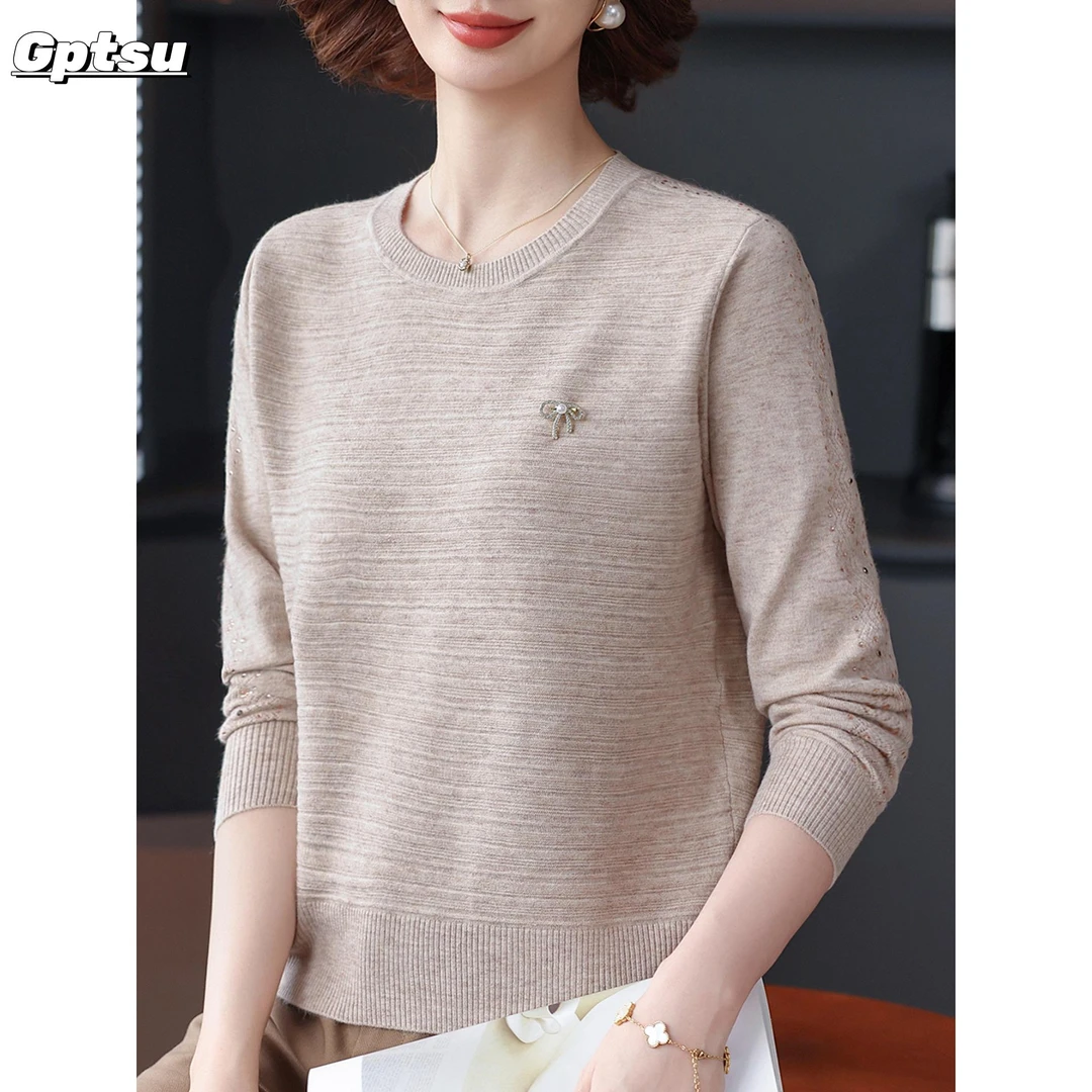 GPTSu中年妈妈秋装长袖打底衫2025新款中老年女装毛衣薄针织上衣