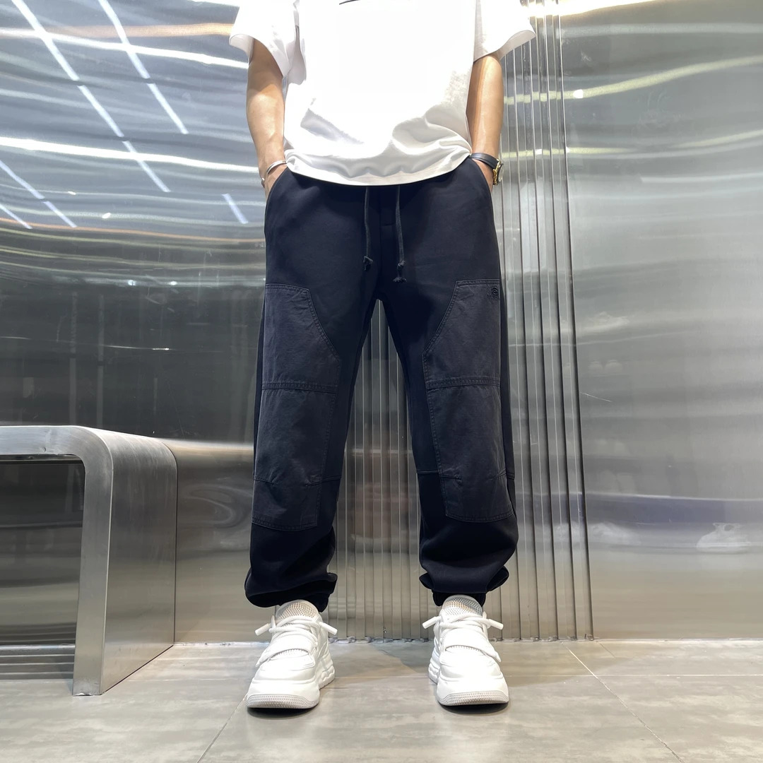 2025秋冬新款百搭裤子水洗做旧休闲裤男士秋季宽松拼接中腰束脚裤