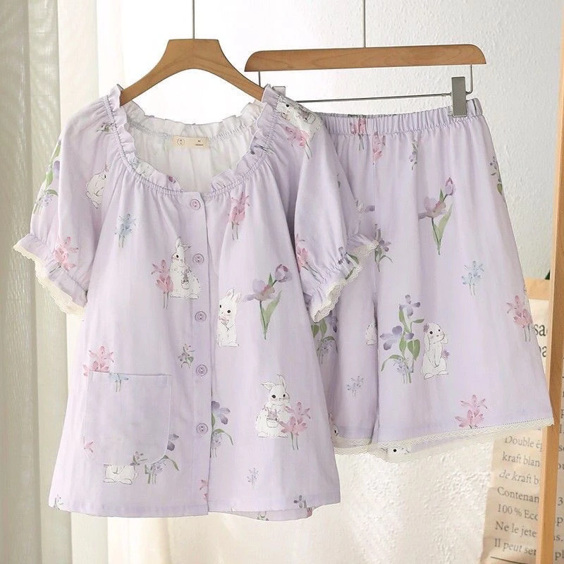 2025年夏季新款短袖短款睡衣女士纯棉纱布森系少女可外穿家居服