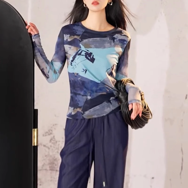 设计感小众扎染长袖T恤女士2025春季新款修身显瘦打底衫圆领上衣