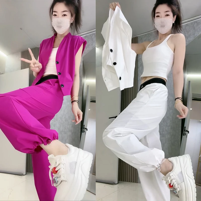 夏季时尚速干马夹束脚裤套装2025新款薄款宽松减龄休闲运动二件套