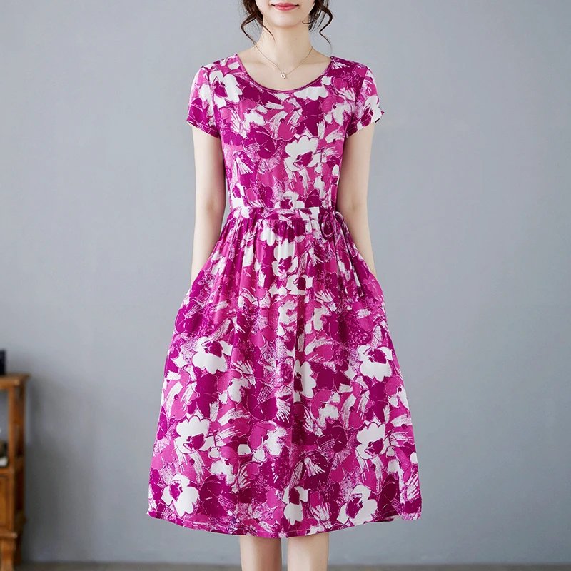 棉绸短袖连衣裙女夏新款洋气时尚宽松显瘦收腰系带过膝中长款裙子