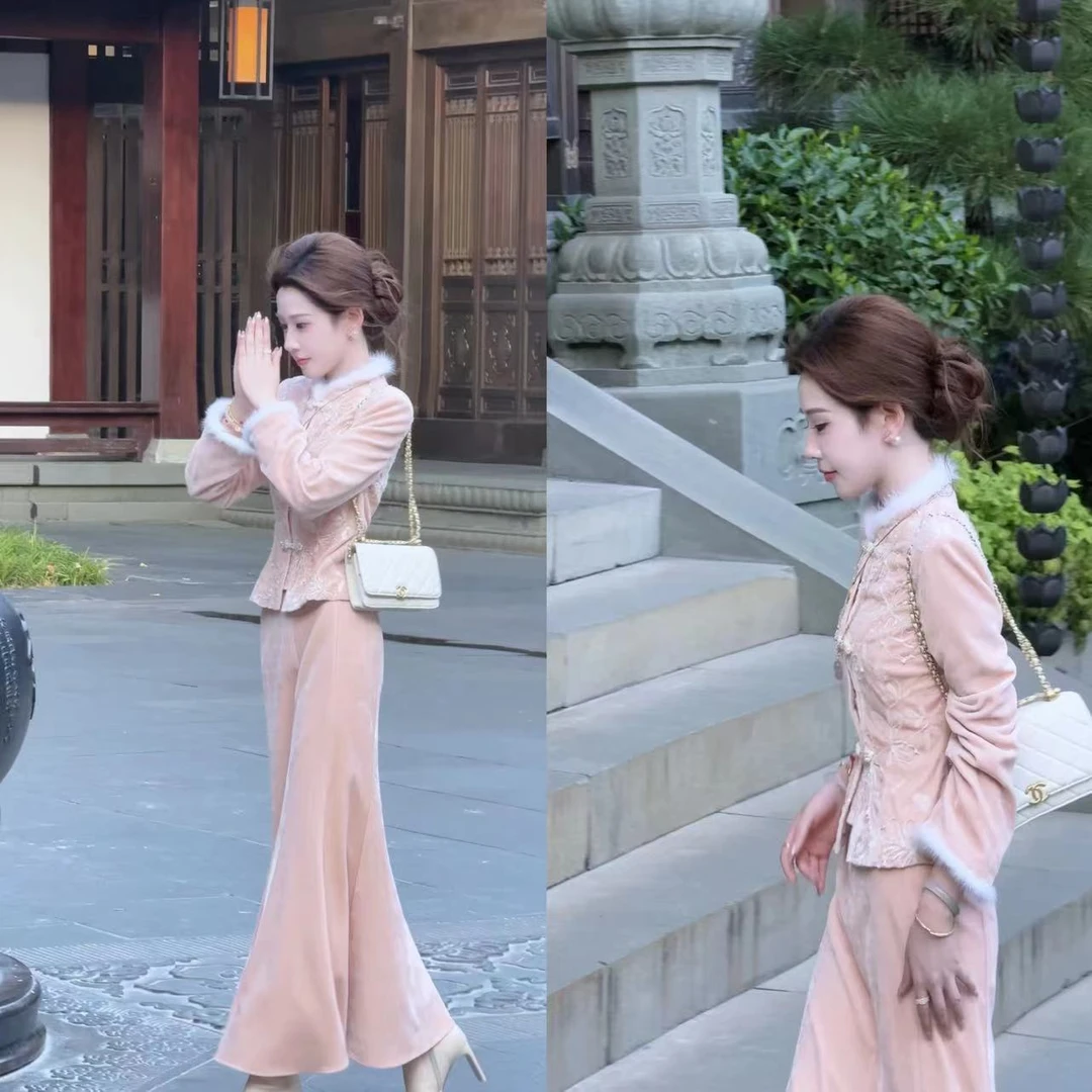 【婷婷】《前程似锦》 浅橘粉 水貂 丝绒国风套装TT2SQTH2577