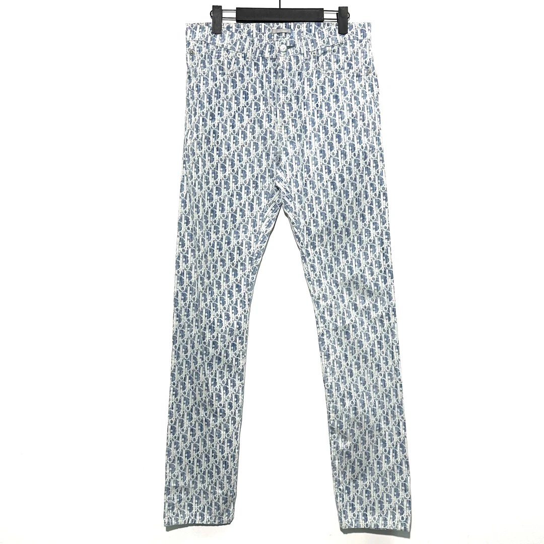 99新 DIOR/迪奥 29码 满印logo蓝色牛仔裤 0631