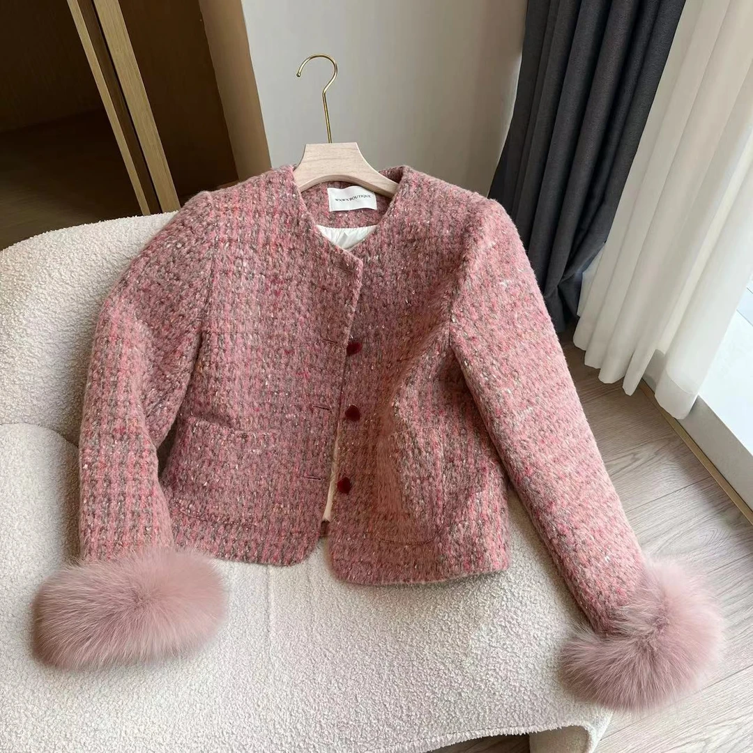 京妮儿推荐【甜心】冬季袖口毛毛小香风时尚粗花呢外套气质5150