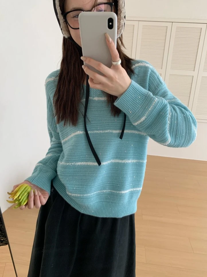 【潘潘.518859】秋冬新款金线驼羊绒加特种纱鸡心夹条女装针织衫