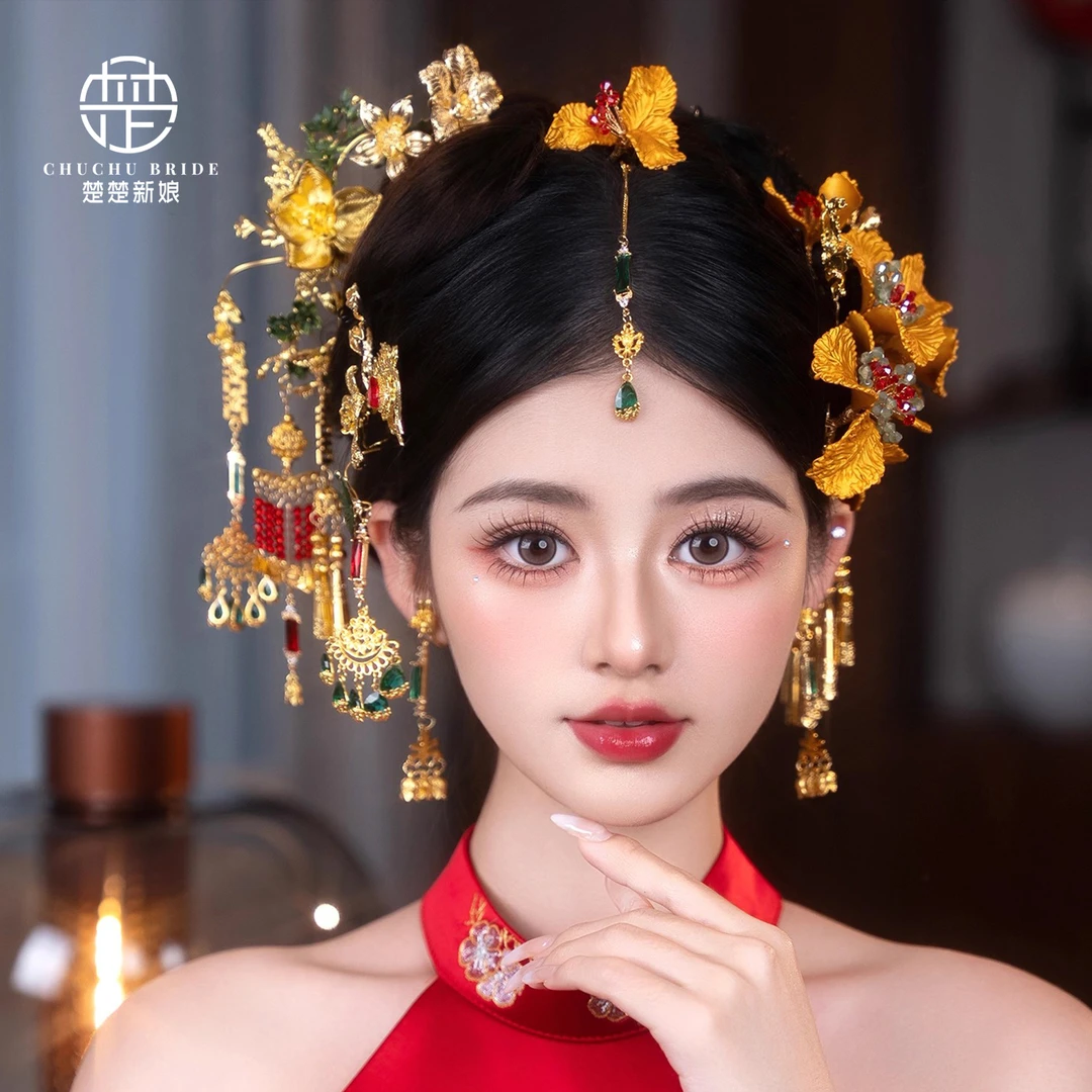 中式新娘传统秀禾手工发饰品婚礼水晶凤钗古装汉服复古头饰配饰