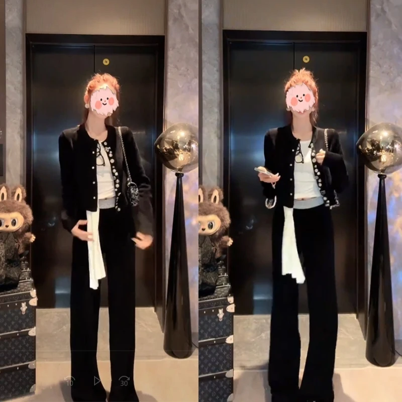 针织衫长袖开衫驼绒拼接腰头休闲裤套装