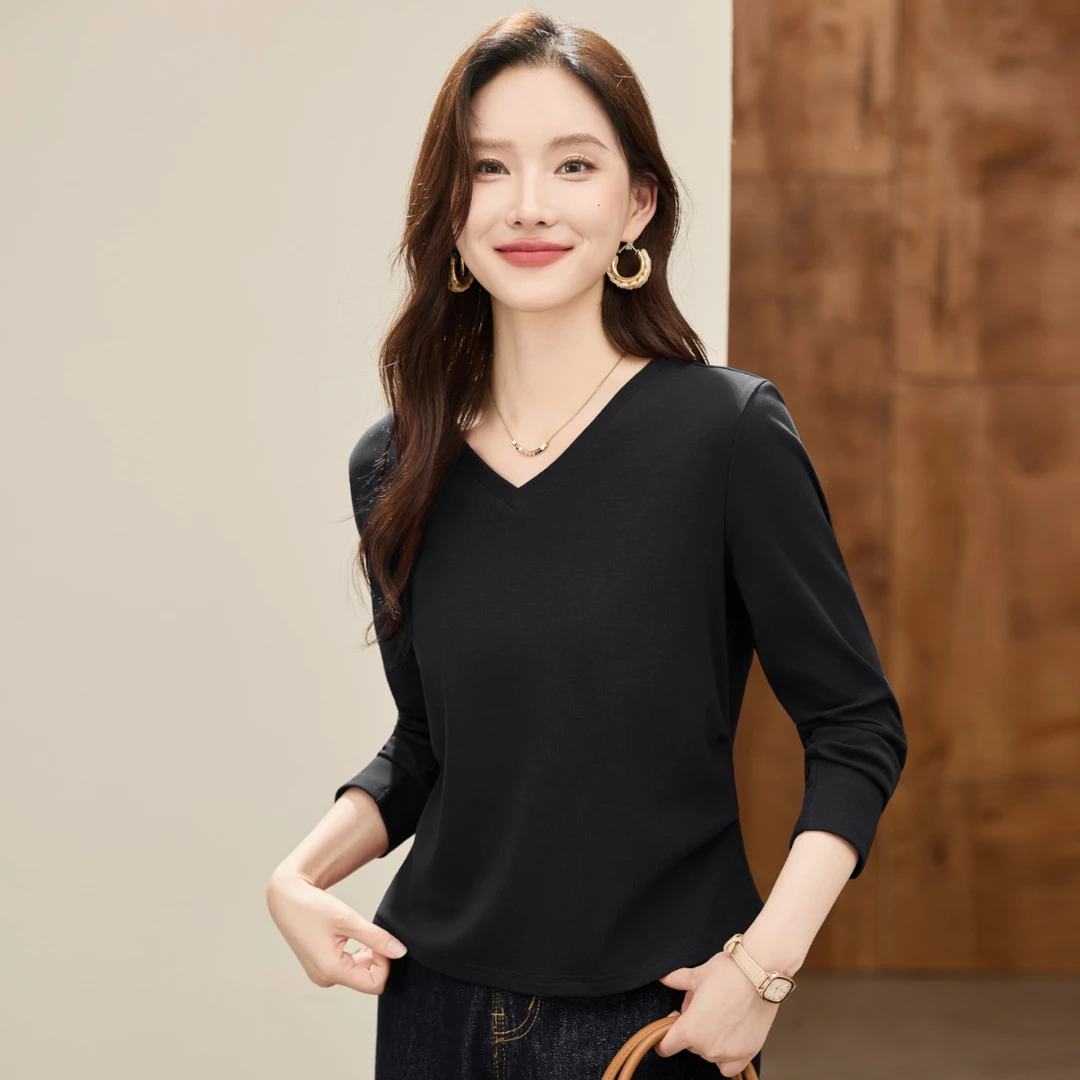 黑色V领长袖T恤2025秋季家乡新款女装法式显瘦洋气正肩打底上衣
